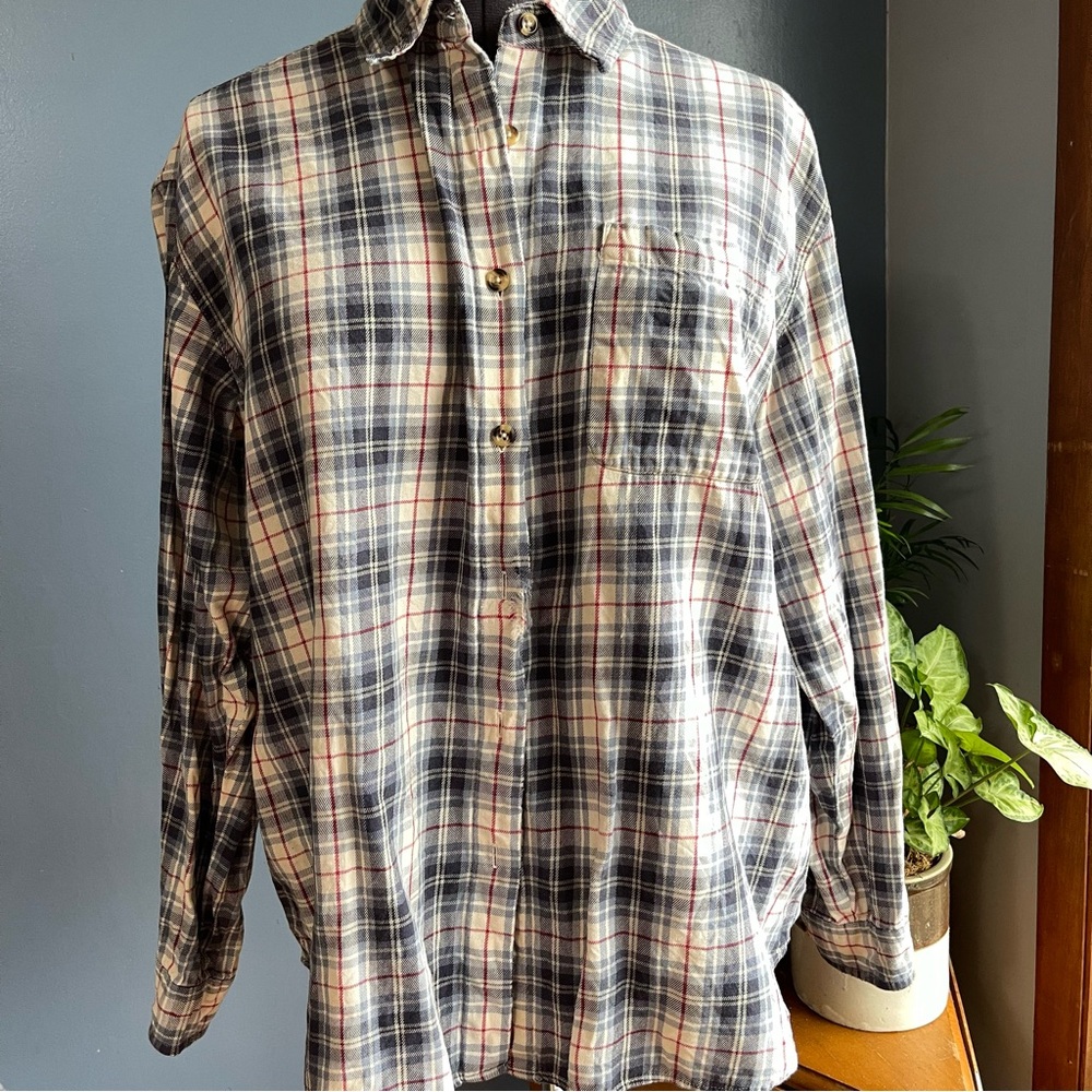 Eddie Bauer Navy and White Plaid Button-Down Shirt
